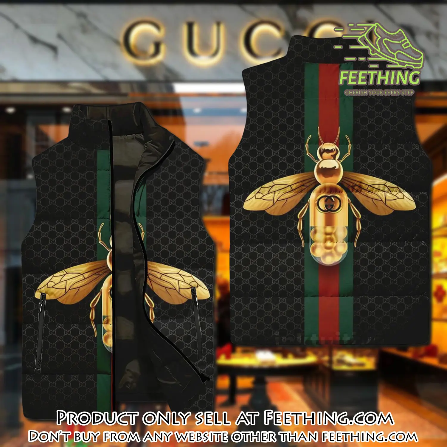 Gucci bee black luxury brand 3d sleeveless down jacket ft5609313